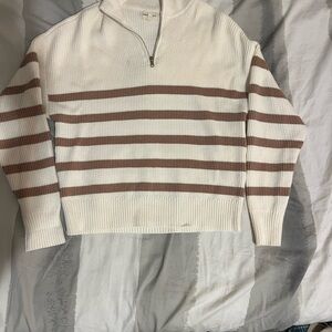 Thread & Supply Women's White and Brown Striped Zip-Up Sweater